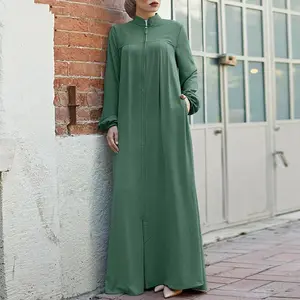 S-5XL穆斯林阿拉伯风格纯色简约棉麻长袖立领时尚宽松休闲长裙
