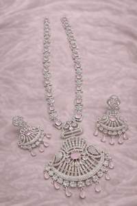 Traditional American Diamond Pendant Set - Classic Silver Plated <b>Necklace</b> <b>and</b> <b>Earrings</b> Jewelry for Women <b>and</b> Girls - Product Image 3