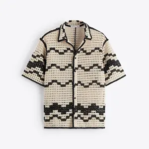 Custom Loose Button Mesh Striped Hollow Out Crochet Sweater Short Sleeve Polo Knit Crochet Shirt Men