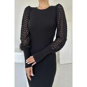 Vestido de punto ajustado negro con abertura, cuello redondo, cintura natural y manga larga translúcida para mujer - Product Image 3