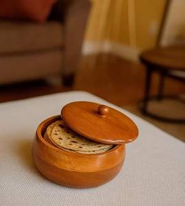 Caja Chapati tallada a mano con tapa, cazuela de almacenamiento Roti Premium, olla caliente redonda Dabba, utensilios de cocina hechos a mano para mesa de comedor y Gifs - Product Image 1