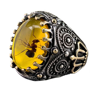 Atacado <span class=keywords><strong>Men</strong></span>'s Antique Black Silver Finger <span class=keywords><strong>Ring</strong></span> <span class=keywords><strong>Retro</strong></span> Banhado Oval Natural Ágata Animal Fósseis Ant Âmbar Anéis para Homens - Product Image 1