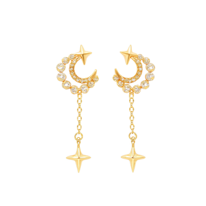 Pendientes de Estrella y Luna Dorados E1508 con Cristales de Estrás y Aleación, Joyería de Moda para Mujer, Ideales para Fiestas - Product Image 1