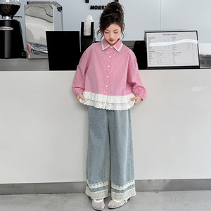 Bộ quần áo mùa xuân cho bé gái 2025 phong cách mới, áo sơ mi thời trang trẻ em và Bộ quần jean mùa thu hai mảnh cho trẻ lớn. - Product Image 1