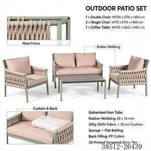 Ensemble de jardin moderne en acier pour l'extérieur, canapé 4 places avec table basse, coussins blancs, résistant aux intempéries, modèle 38512-26436 - Product Image 6