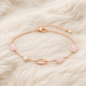 Bracelet ovale en acier inoxydable plaqué or rose avec perles rondes en quartz rose en forme de goutte d'eau, bijoux doux pour femmes, à porter au quotidien, vente en gros - Product Image 2