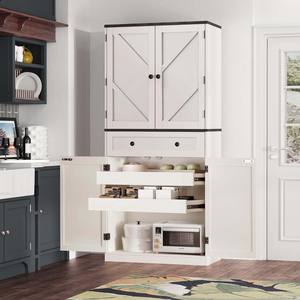 Armoire de <span class=keywords><strong>cuisine</strong></span> de style campagnard, niche pour <span class=keywords><strong>micro</strong></span>-ondes, buffet avec portes supérieures, tiroir central, étagères inférieures extractibles - Product Image 2