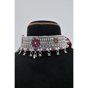 Ethnic Tibetan <b>Silver</b> <b>Choker</b> Necklace with Pink Crystal Flower Design Women's Jewelry Vintage Gift - Product Image 4