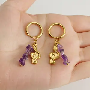 Gold Huggie Hoop Drop Dangle Earrings Purple Beads Earrings Boho Lightweight Jewelry for Women