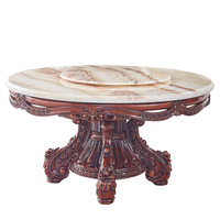 Table à manger ronde en bois massif de style européen avec plateau tournant en marbre et ensemble de chaises, suite de salle à manger de luxe pour villa