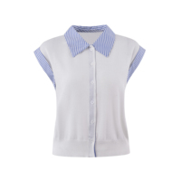 Top de punto personalizado para mujer con manga casquillo, cuello polo a rayas y botones decorativos, con Lurex, bajo MOQ