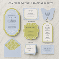Invitations de mariage bleu vert clair avec papillon, impression de bordure florale, cartes de papeterie de mariage découpées sur mesure