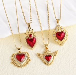 Collana con Sacro Cuore <span class=keywords><strong>di</strong></span> Gesù Placcata in Oro 18k, Pendente Cattolico con Zircone Rosso, Gioielli in Rame per Donne e Ragazze, Accessorio Regalo - Product Image 1