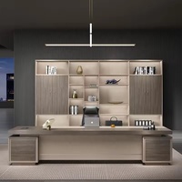 Bureau de direction en forme de L avec double rangement sur pied, plateau en grain de bois gris foncé, corps beige, bureau de direction pour PDG, directeur