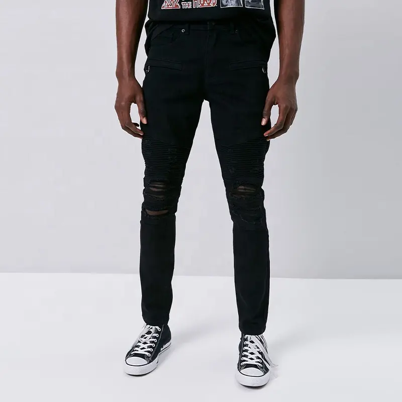 Custom Wholesale Fashion Slim Fit Black 100% Cotton Ripped Men's Jeans 2023
