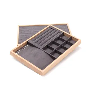 Abu-abu Gelap Beludru Bambu Perhiasan Nampan Anting Cincin Kalung Gelang Cross Display Organizer Tray Holder