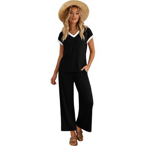 Two Piece Sets For Women Casual V Neck Short Sleeve Knitted <b>Lounge</b> Set Breathable Spring Summer Outfits Matching Clothes - Product Image 3