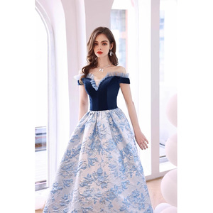 Blue Off-Shoulder Velvet Evening Gown Empire Waist Floral Print Ball Gown For Banquets Performances Hostess Dress - Product Image 2