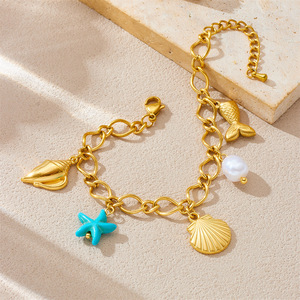 Fashion Charm Bracelet 18K Gold Plated Seashell Starfish Pearl Pendant Women's Ocean Theme Jewelry - Product Image 3