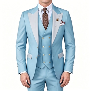 Abito da sposo di lusso <span class=keywords><strong>blu</strong></span> a 3 pezzi <span class=keywords><strong>doppiopetto</strong></span> personalizzato OEM ODM con revers a punta a contrasto per matrimoni e feste - Product Image 3