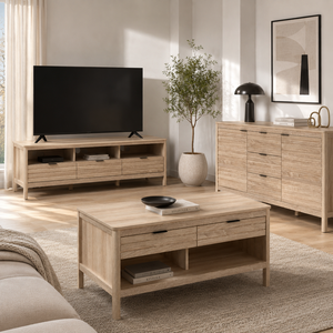 Modern Slatted TV Stand <b>with</b> <b>Drawers</b> and Open <b>Shelves</b> for Living Room - Product Image 1