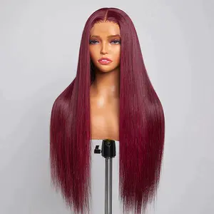 Wig rambut manusia merah 99j warna merah marun renda lurus wig rambut manusia bagian tengah Brasil wig Frontal renda Remy untuk wanita