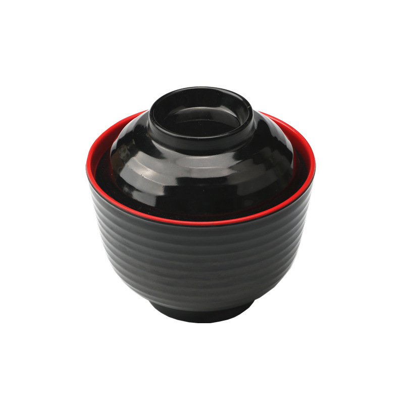 Japanese Style Soup Salad Noodle Rice Bowl Traditional Plastic Lacquered Black Red Bowl Miso Soup Bowl with Lid