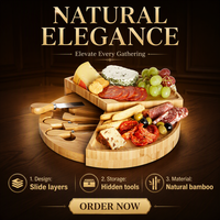 Plateau à fromage en bambou à 2 niveaux avec rangement pour couteaux, plateau de service pliable pour charcuterie, ensemble de plateaux de service, ustensiles de cuisine