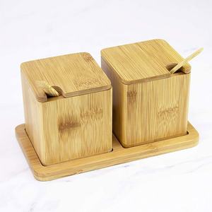 bamboo double dipper two salt boxes with spoons and tray, bamboo
