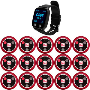 15 émetteurs de boutons d'appel + 1 montre-bracelet vibrante - Système d'appel sans fil pour restaurant / clinique - Product Image 1
