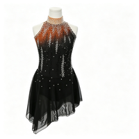 Robe de patinage et de danse pour enfants et adultes, dégradé noir-orange, col halter, sans manches, dos orné de strass, pour compétition et spectacle de patinage artistique