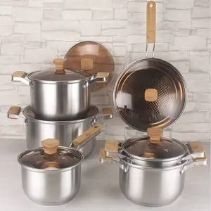 Set peralatan masak Stainless Steel anti lengket, 12 buah alat masak mewah dengan pegangan kayu
