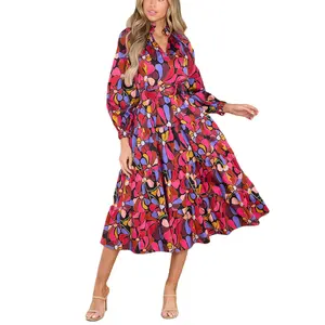 Vetement Pour Femme 2023 Clothing Manufacturers Custom Ladies Belt Tunic Dress Midi Floral Print Dresses Women Casual