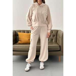 Conjunto de Sudadera con Capucha Beige y Pantalones Cargo para Mujer, Felpa, Casual, Manga Larga, Transpirable - Product Image 2