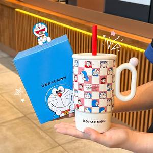 Doraemon Ceramic Straw Cup With Lid And Handle Large Capacity Hand Painted Underglaze Colors Gift For Couple Birthday - Product Image 1