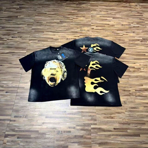 Camiseta de algodón puro con estampado completo de grafiti estilo americano, marca de nicho súper popular y de moda, Hell Star, cuello redondo, manga corta, unisex, holgada. - Product Image 1