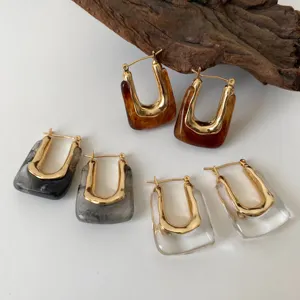 Nieuwe 4 Kleuren Grey Amber Clear Hars Oorbellen Acryl Dikke Grote Hoepel Oorbellen Voor Vrouwen Vierkant Vintage Vergulde Sieraden Hot