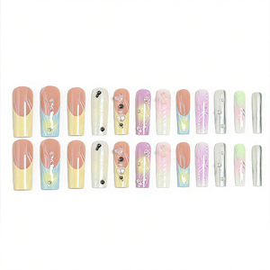 24 Pezzi <span class=keywords><strong>Unghie</strong></span> Finte Riutilizzabili in ABS con Pressione a Dito, Fantasiose 3D Pastello Lunghe a Coffin Ombré con Fiori 3D e Perle, Dettagli Astratti a Spirale - Product Image 4