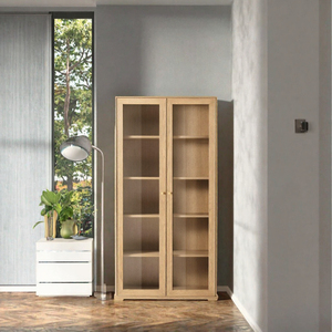American Country Solid Wood Bookcase Oak Storage <b>Cabinet</b> Glass Door Display Bookshelf for Living Room Home <b>Office</b> - Product Image 3