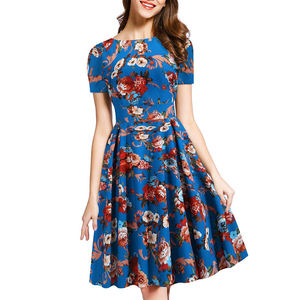 Robe d'été rétro style Hepburn pour <span class=keywords><strong>femme</strong></span>, à manches courtes, imprimé floral, longueur genou, avec appliques décoratives, grande jupe évasée - Product Image 2