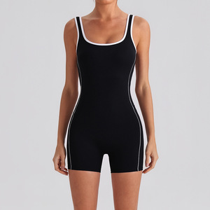 Nude Feeling Soft Quick-Dry Four-Way Stretch Contrast Trim Deep Open Back Short <strong>Yoga</strong> Jumpsuit for Gym Training <strong>Yoga</strong> <strong>Class</strong> - Product Image 5