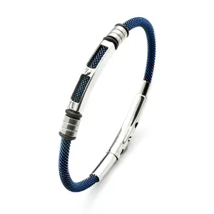 Brazalete ajustable de tubo de alambre de acero inoxidable para hombre, chapado en azul de alta calidad, de lujo