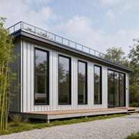 Maison d'hôtes mobile en structure acier avec terrasse à double niveau et vitrage panoramique