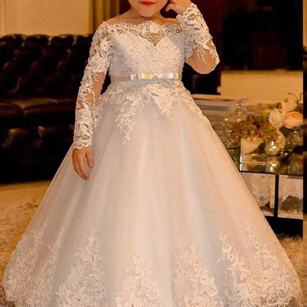 White New Design Girls' Dresses Formal Occasions Tulle Flower Girls Dress with Bow Ball Gown