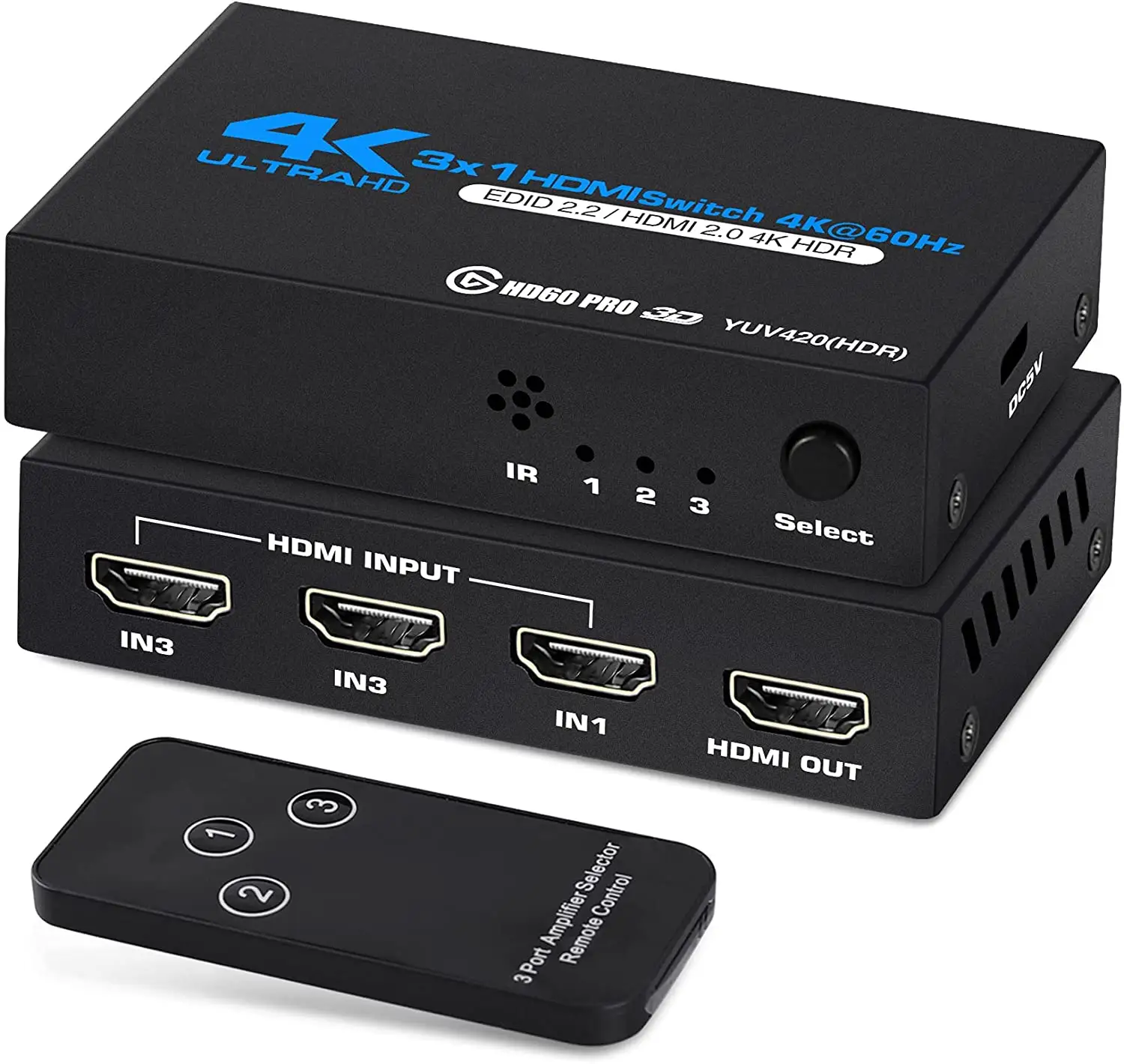 4K@60Hz HDMI Switch HDMI Switch 3 in 1 Out 3-Port HDMI Switcher Selector with Remote Control Supports 4K 3D HDCP2.2