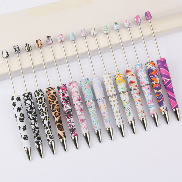 Plastic Bulk Beaded Ball Pen Printing Beads Pens Multiple Patterns Claw Skull Leopard Flag Printed DIY Beadable Pen for Girls