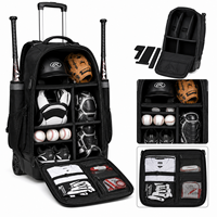 Sac à dos de baseball à roulettes en polyester avec logo personnalisé, fermeture éclair, grande capacité, porte-bâtons, compartiment pour casque et chaussures