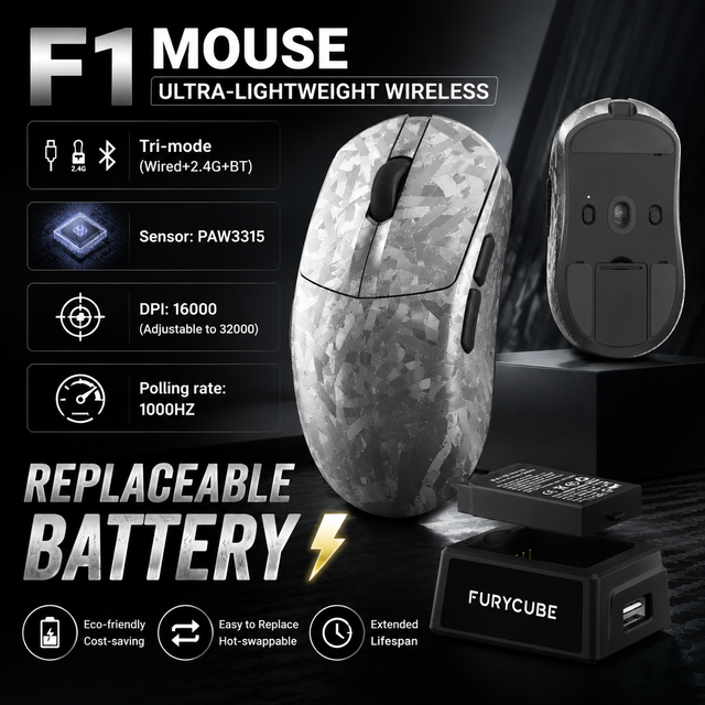 FURYCUBE F1 Mice PAW3315 Sensor 16000 DPI Gaming Wireless Mouse Replaceable Battery 1000Hz Polling Rate with Dual 300mAh Battery