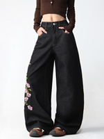 Jean baggy vintage pour femme, coupe large, noir délavé à l'acide, avec broderie 3D et motif de créateur en denim