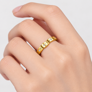 Bague en acier inoxydable doré avec zircon, plaqué or 14 carats sous vide, chiffres romains, bande fine fixe - Product Image 5